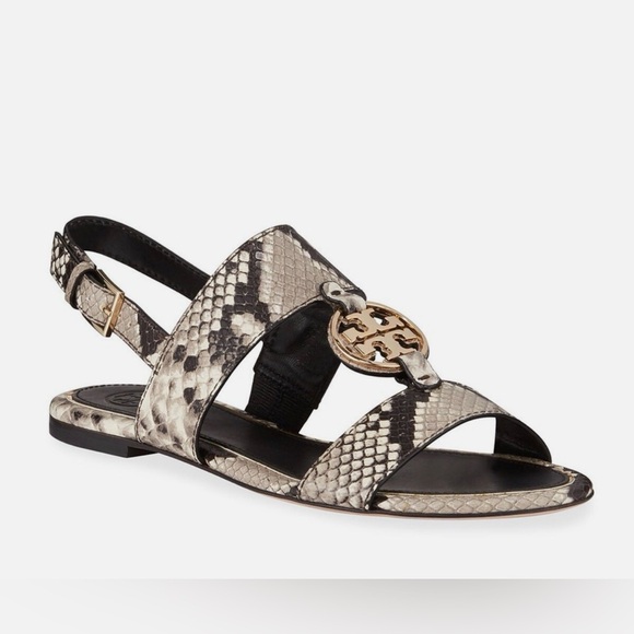 Tory Burch Shoes - Tory Burch Metal Miller Snake Print Two Band Sandal 8M Gold Logo